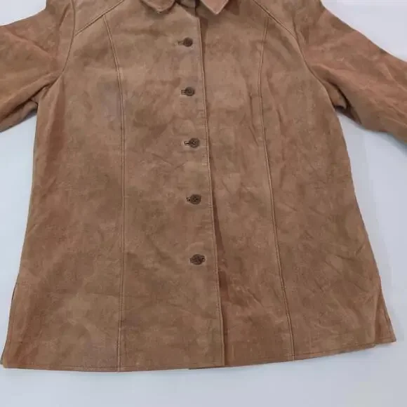 Alfani Petite Women's Brown Full Button Leather Jacket Pockets Size P - Picture 12 of 16